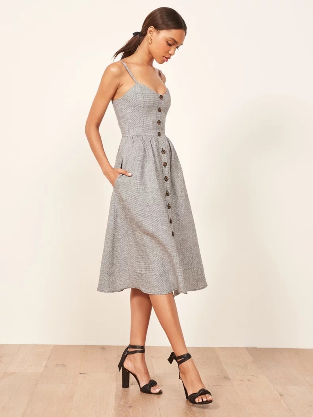 Reformation Thelma Linen Dress Houndstooth Black + White